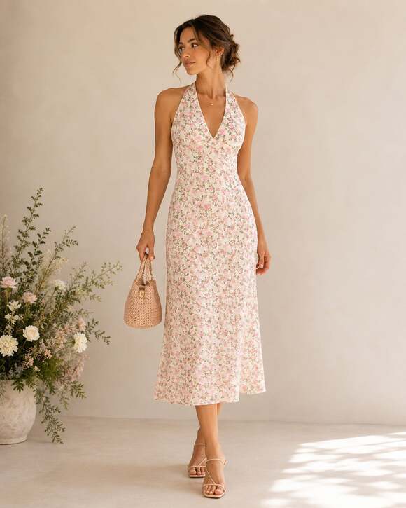 See You Monday Dresses & Skirts - See You Monday Floral Halter Midi Dress Cottagecore Coquette Roses Mesh M